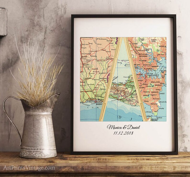 Unique Wedding Gift for Couple, Engagement, Anniversary Gift, Personalized Map Art, Bridal Shower Gift Met Engaged Married 3 Cities image 8