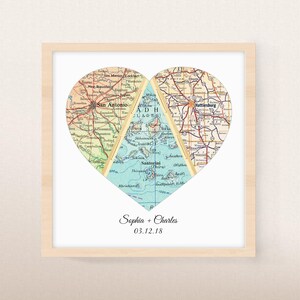 A customized three location map art print with meaningful locations for the couple and personalized text under the map art with Where We Met caption and wedding anniversary date.