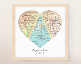 Custom Three Location Map Heart | Unique Personalized Wedding Gift for Couple | Where We Met Map Art Print