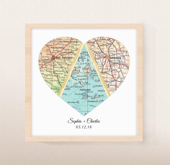 Custom Three Location Map Heart | Unique Personalized Wedding Gift for Couple | Where We Met Map Art Print