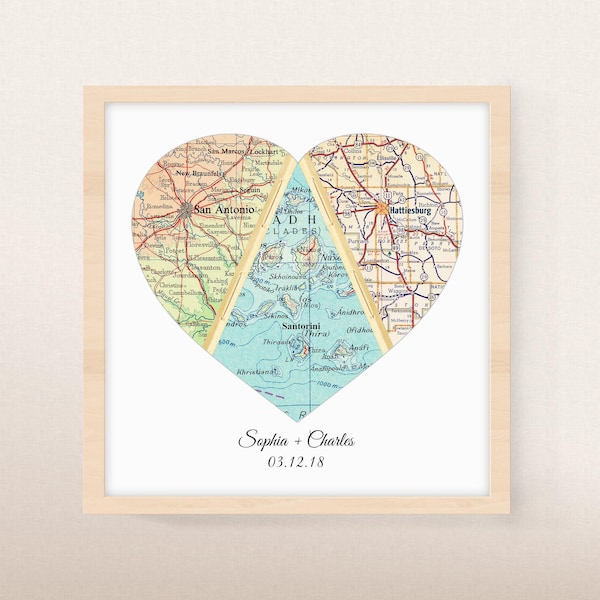 Custom Three Location Map Heart | Unique Personalized Wedding Gift for Couple | Where We Met Map Art Print