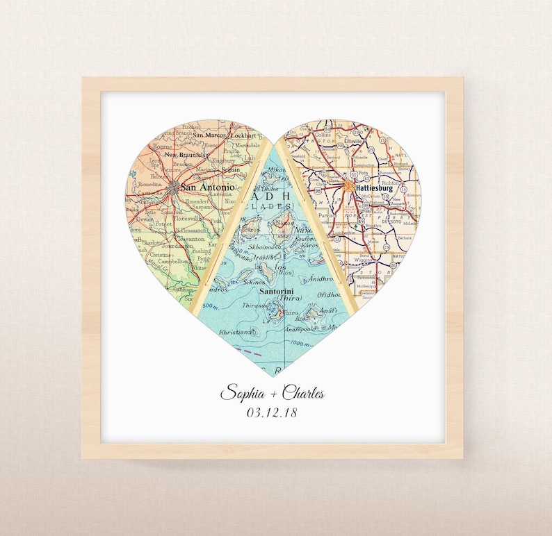 A customized three location map art print with meaningful locations for the couple and personalized text under the map art with Where We Met caption and wedding anniversary date.