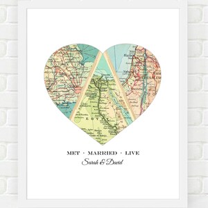 A customized map art print with several city map locations and personalized text with 'Met Married Live', the couples names and the parents wedding anniversary date under the heart map.