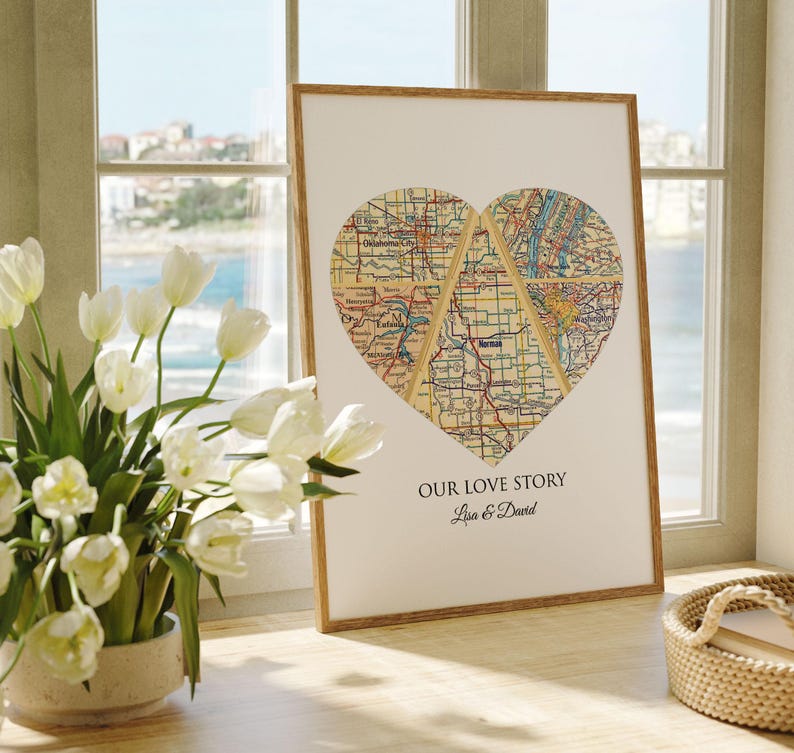 A custom map art displaying a meaningful and sentimental artwork featuring the couples special city locations and personalized text with their names and 'Our love story' quote to celebrate their birthdays or wedding anniversary