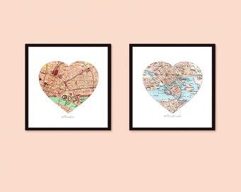 Personalized Map Prints, Anniversary Gift, Travel Maps Gift for Husband, Wife, City Map Art Set of 2, Location Custom Wall Art Decor