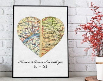 Home is Wherever I'm with You, Custom Location Map Art, Gift for Husband or Wife, Map Heart Print for Couples, Personalized Map Wall Art