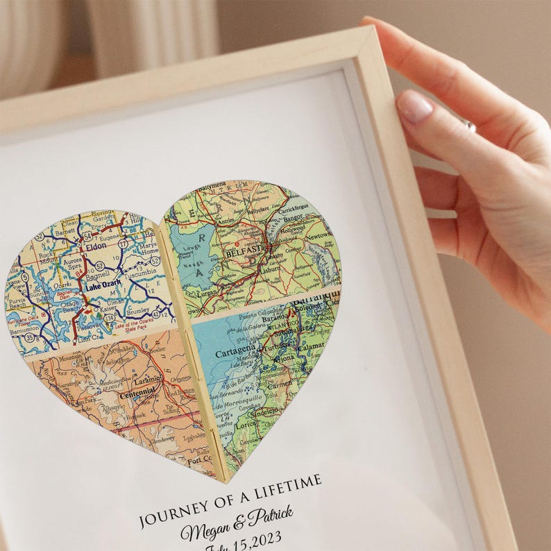 A custom wall art featuring the couples meaningful city locations on maps and under the custom map artwork their names and a date for their 50th or 60th wedding anniversary are displayed