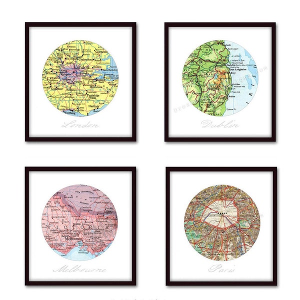 Custom Map Art, Set of 4 Personalized Map Art Prints - Cotton Anniversary Gifts, Map Art of Specific Locations, Circle Art Wall Decor