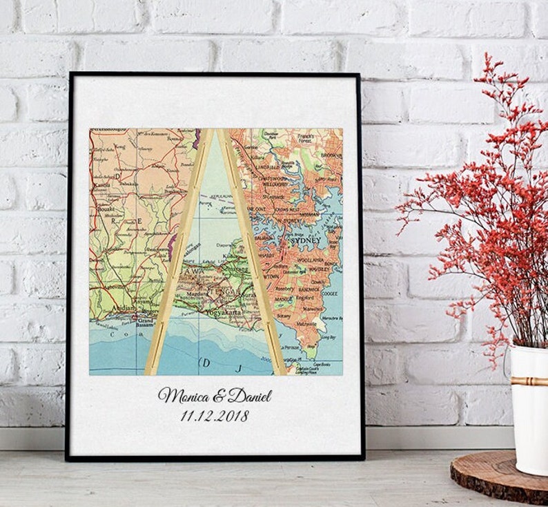 Unique Wedding Gift for Couple, Engagement, Anniversary Gift, Personalized Map Art, Bridal Shower Gift Met Engaged Married 3 Cities image 4