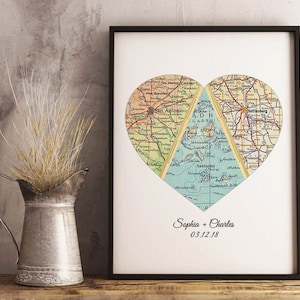 Unique Wedding Gift for Couple, Engagement, Personalized Map Heart Art, Anniversary Gift Bridal Shower Gift, Met Engaged Married 3 Map Heart image 2