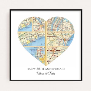 A customizable map wall art showing several maps representing where the couple met, got engaged, go married, honeymooned, lived, traveled to and other meaningful locations. The personalized caption below shows the couples names and their 50th anniversary date or other wedding anniversary milestone