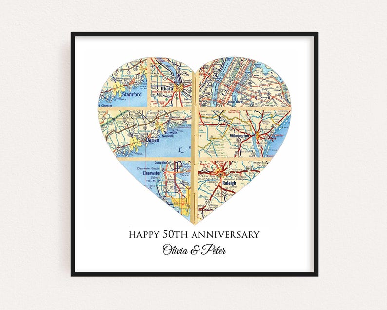 A customizable map wall art showing several maps representing where the couple met, got engaged, go married, honeymooned, lived, traveled to and other meaningful locations. The personalized caption below shows the couples names and their 50th anniversary date or other wedding anniversary milestone