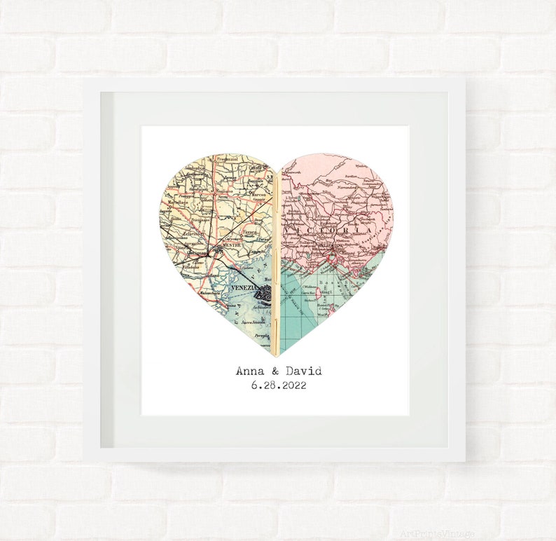 Heart Map Wedding Gift for Couple, Personalized Map Bridal Shower Gift, Anniversary Gift Engagements, Couples Map Gift Custom Map Art Print image 1