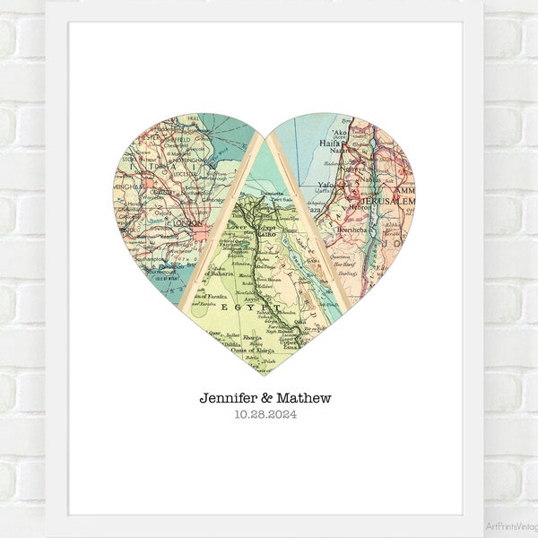 Map Heart Art, Unique Wedding Gift for Couple, Heart Map Print, Engagement, Newlywed Gift, Personalized Map Art, Paper Anniversary Gift