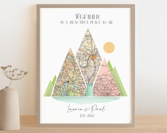 Mountain Custom Map Print, Personalized Anniversary Gift for Couples, Adventurer Map Bridal Shower Gift, Met Engaged Married Mountain Art