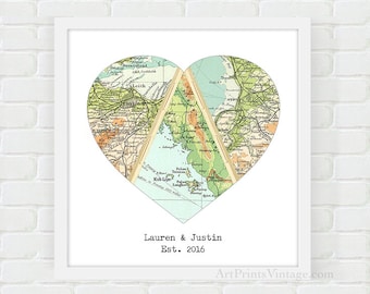 Map Wedding Date Keepsake, Unique Newlywed Gift, 3 Location Heart Map Wedding Gift for Couple, Heart Art, Custom Map Art Print