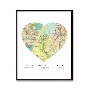 Unique Wedding Gift for Couple, Engagement, Personalized Map Heart Art, Anniversary Gift Bridal Shower Gift, Met Engaged Married 3 Map Heart image 6
