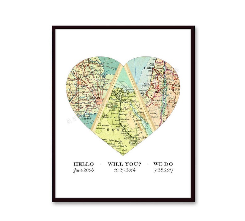 Unique Wedding Gift for Couple, Engagement, Personalized Map Heart Art, Anniversary Gift Bridal Shower Gift, Met Engaged Married 3 Map Heart image 6