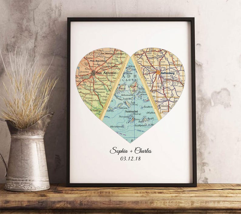 Custom Three Location Map Heart | Unique Personalized Wedding Gift for Couple | Where We Met Map Art Print