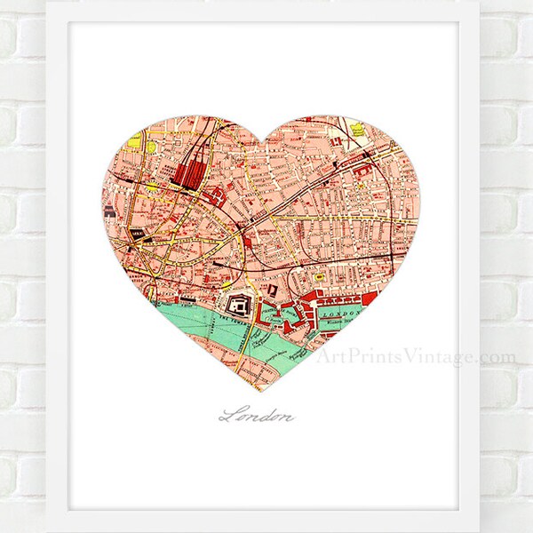 London Heart Map Print - Vintage Map Art, Wall Decor