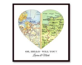 Custom Heart Map Hello Will You Wedding Gift for Couples | Personalized Map Anniversary Gift, Where We Met Map Print Unique Engagement Gift