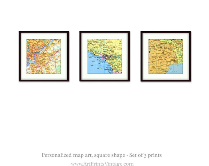 CUSTOM Set of 3 Vintage Map Art Prints Personalized Square Map Image ...