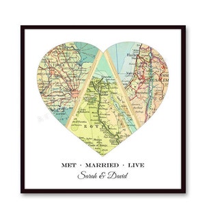 Unique Wedding Gift for Couple, Engagement, Personalized Map Heart Art, Anniversary Gift Bridal Shower Gift, Met Engaged Married 3 Map Heart image 4