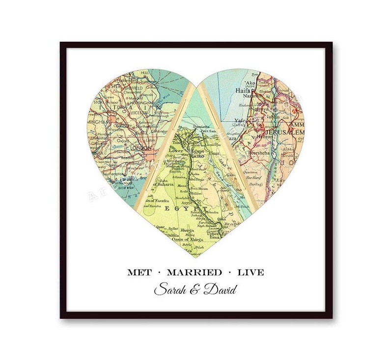 Unique Wedding Gift for Couple, Engagement, Personalized Map Heart Art, Anniversary Gift Bridal Shower Gift, Met Engaged Married 3 Map Heart image 4