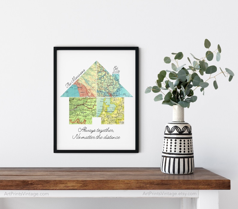 A house shape map art, featuring any worldwide city or town. This made to order wall art print can be used as a unique anniversary gift for parents to celebrate their life journey!