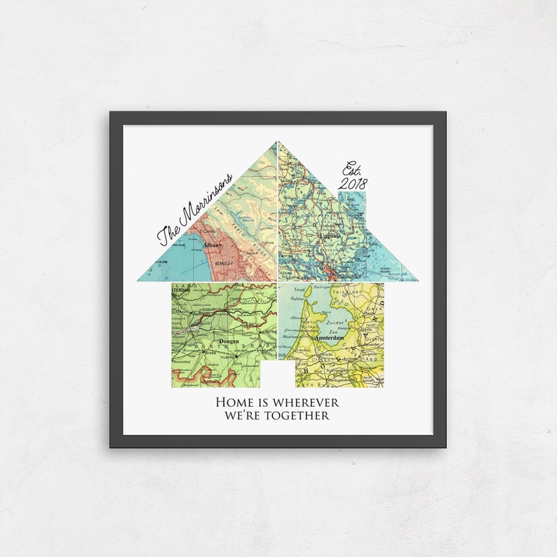 A personalized map wall art in the shape of a house, featuring four cities or towns of your choice. This custom map art makes the perfect personalized gift for your husband, wife or parents.