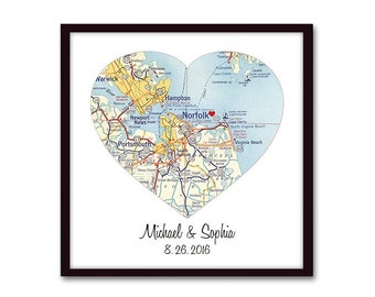 Personalized Map Print, Custom Wedding Gift, Map Gift, Heart Map Art, Anniversary Gift, Engagements, Personalized Gift for Couples