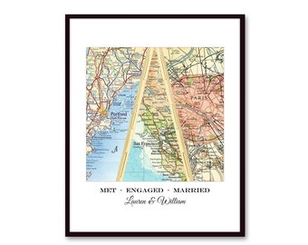 Custom Newlywed Gift, Couples Met Engaged Married Map, Unique Wedding Gifts,Personalized Anniversary Gift for Husband, Couples Map Print