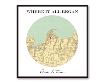Where it All Began Custom Map - Unique Anniversary or Engagement/Bridal Shower Gift, Personalized Where We Met Map Art Print
