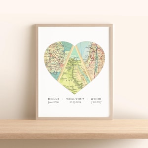 Custom Three Location Map Heart | Unique Personalized Wedding Gift for Couple | Where We Met Map Art Print