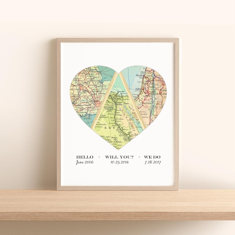Custom Three Location Map Heart | Unique Personalized Wedding Gift for Couple | Where We Met Map Art Print