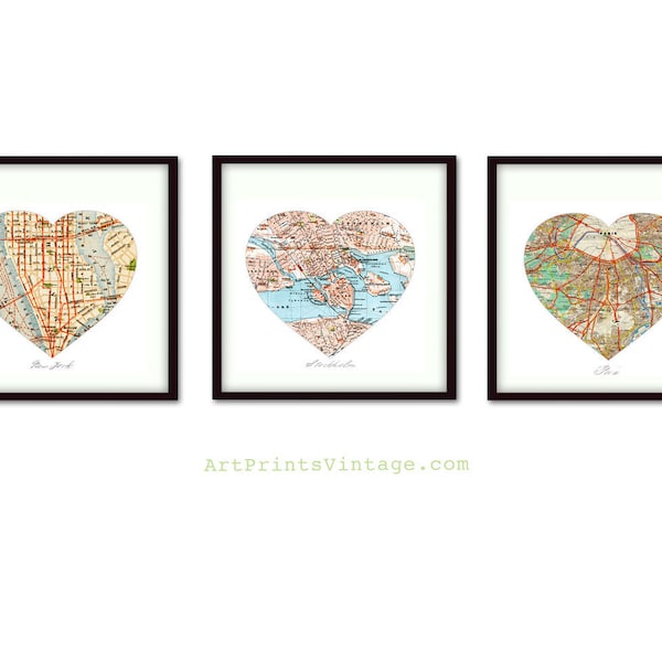 Custom Map Print Set of 3 Personalized Map, Heart Map Art Custom Location, Home Town Map, Anniversary City Map Heart Art Set of Three Prints