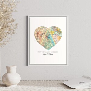Custom Three Location Map Heart | Unique Personalized Wedding Gift for Couple | Where We Met Map Art Print