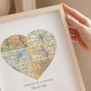 A custom map print with several map locations and personalized text with the couples names and dates for when they met, got engaged, married and their wedding anniversary. The customizable wall art is in the shape of a heart and made with vintage maps.