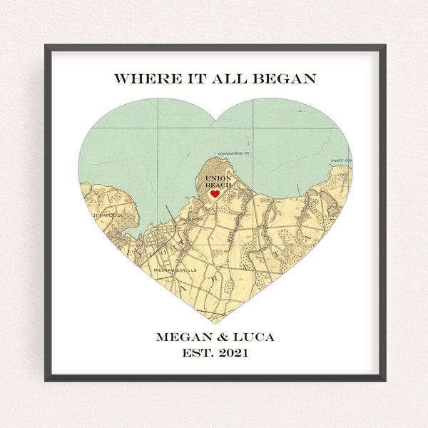 Heart Map Art, Where it All Began - Unique Wedding Gift for Couple, Gift for husband, One Year Anniversary Gift, Personalized Map Print