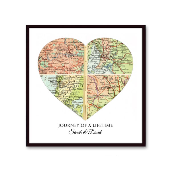 Custom Heart Map, Unique Wedding Gift for Couple, Personalized Map Heart Art, 50th Anniversary Gift, Housewarming, 4 City Map Heart