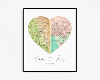 Custom Couples Map Gift for Wedding Anniversary | Personalized Engagement Heart Map Wall Art Print