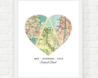 Custom Location Map, Unique Wedding Anniversary Gift, Met Engaged Married, We Met We Married, Personalized Mothers Day Gift for Mom Print