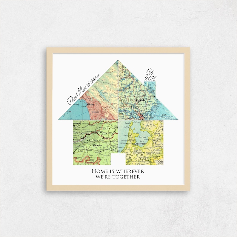 A customized wall art print using vintage map images, displaying four meaningful cities. The family name and a date is also featured. The quote Home is wherever we're together under the map art is optional.