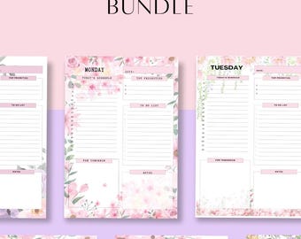 May include: A printable planner bundle with a floral design. The planner includes daily, weekly, and monthly pages. The text "Ultimate Printable Planner Bundle" is at the top. Each day's page has sections for top priorities, to-do lists, and notes.