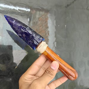 Hand-Knapped Blue Obsidian Knife: Decorative Ceremonial Blade with Wooden Handle