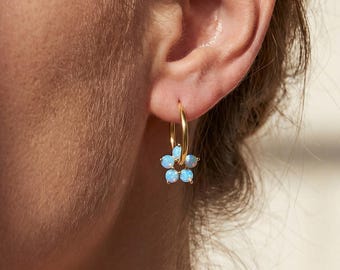 Mothers Day Gift for Mom, Opal Flower Huggie Hoops, Blue Opal, Sterling Silver, 18K Gold, Dainty Minimalist Earrings，Gift for Mom Grandma