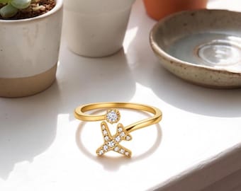 Anel de Avião em Prata de Lei 925, Anel Aberto Ajustável, Joia de Viagem Banhada a Ouro 18K, Anel Delicado de Aviação, Presente para Ela