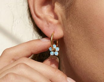 Valentines Day Earrings, Opal Flower Huggie Hoops, Blue Opal, Sterling Silver, 18K Gold Finish, Romantic Gift for Her