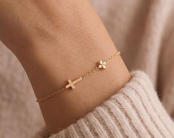 Christian Cross Bracelet for Women, Dainty Opal Flower Jewelry, Faith Bracelet, Confirmation Baptism Birthday Gift for Her