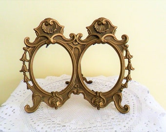 Vintage Ornate Art Nouveau Style Oval Twin Double Brass Easel Picture Photo frame